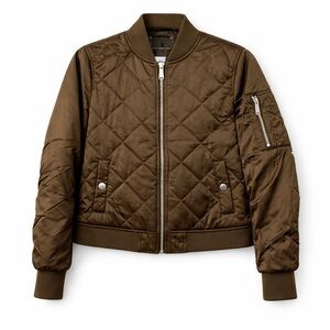 BCBG Quilted Satin Bomber Jacket Olive Green XS